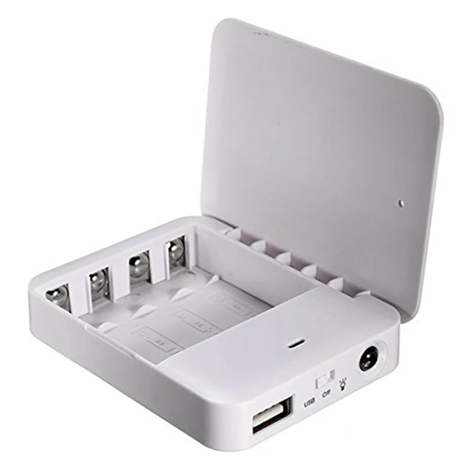 Cargador de teléfono alimentado por batería, caja de alimentación externa, cargador de batería de emergencia por 4 pilas AA con puerto USB y linterna (blanco, 5 piezas)