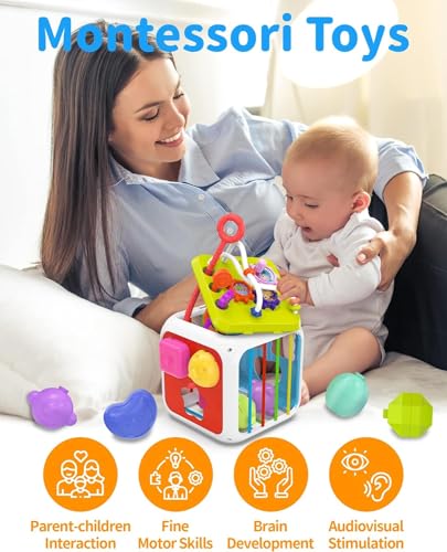 Image of Montessori 7-in-1 Developmental Learning Activity Cube for 1 Year Old Girls Boys, Baby Sorter Toy, Birthday Gifts, 6-12-18 Months