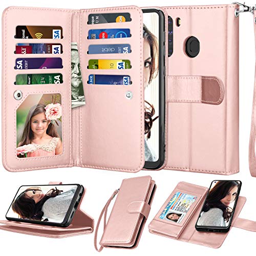 Njjex Galaxy A21 Case, for Samsung Galaxy A21 Wallet Case 2020, [9 Card Slots] PU Leather ID Credit Holder Folio Flip [Detachable] Kickstand Magnetic Phone Cover & Lanyard for Samsung A21 [Rose Gold]