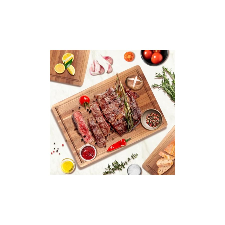 3 Pcs Wooden Cutting Boards Set for Kitchen Meat Chopping Board Fruits Large Charcuterie Board Set Acacia Wood Cutting Board Vegetables Butcher Block Bread Serving Cheese Board Carving Board