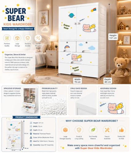 Image of HIWARE Premium Modular Wardrobe for Bedroom, Kids Room and Home | Spacious Clothes Storage Cabinet with Drawers and Shelves | Modern Stylish Design, Heavy Duty, Multiuse Organizer - HSM17144-BEAR