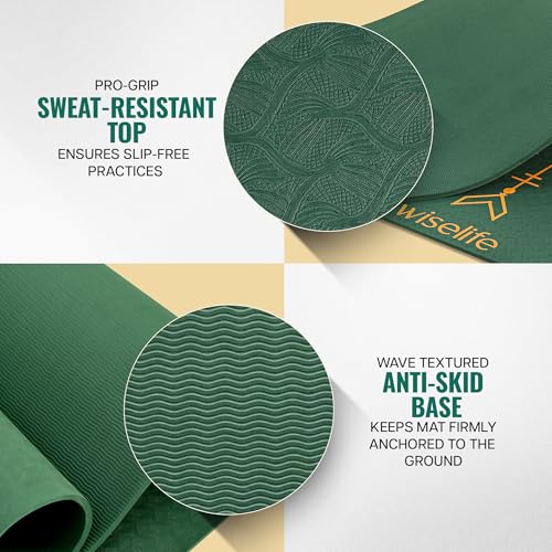 Image of WiseLife Boho Alignment 8mm Yoga Mat | Non-Slip Thick Exercise Mat | Anti-Skid Yoga & Fitness Mat for Yoga, Pilates, Gym & Flexibility Training (Green)