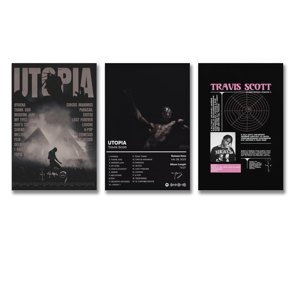 Feioust 3-Piece Travis Poster Set - Scott Utopia Album Cover Art Canvas Posters - Aesthetic Decor - 08x12inch (20x30cm) - 3pcs Style