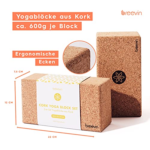 BREEVIN Yogablokken, kurk, set van 2, ecologisch en vrij van schadelijke stoffen, antislip, stabiele en ergonomische yogablokken, accessoires voor yoga, pilates en fitness, onderhoudsvriendelijk en antibacterieel yogablok - Image 3