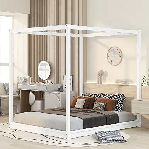 Harper & Bright Designs Queen Canopy Bed Wood 4 Poster Panel Beds, Floor Bed Frame Queen with Solid Wood Slat Support, Queen Size Platform Bed for Kids Teens Adults, No Box Spring Needed, White