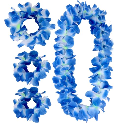Semato 4 Pcs Blue Hawaiian Lei Set for Luau Party Flower Leis Garland Headband Bracelets Halloween Costume Hawaiian Accessories Beach Party Supplies
