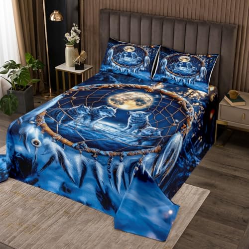 Castle Fairy Dream Catcher Bedspread King Size Jungle Wild Wolf Coverlet Set Kids Room Present Winter Snowy Woodland Bedroom Decor Bedding Set Western Country Style Bedding with 2 Pillowcases