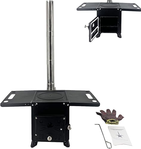 Estufa de leña portátil para camping, senderismo, pesca, mochilero, incluye 3 tubos de chimenea de acero inoxidable, 22.8 x 18.1 x 40.6 in
