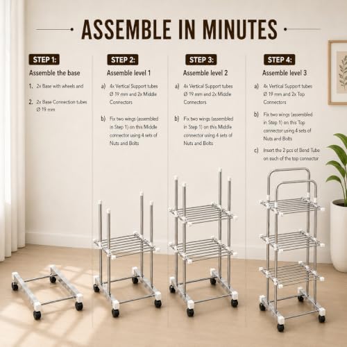 Image of KITCHIVO 3 Tier Rolling Clothes Drying Rack with Wheels, Stainless Steel Laundry Organizer and Garment Dryer Stand for Home, Balcony and Utility Room (3-Tier S.S)