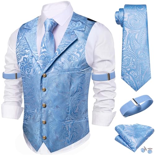 Image of Barry.Wang Mens Silk Lapel /Shawl Collar Vest Tie Sleeve Holder Set Formal /Casual Paisley Vests Wedding Tuxedo Waistcoat