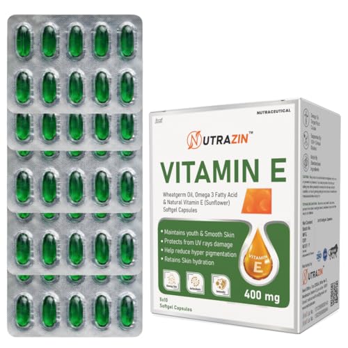 Image of Vitamin E 400 mg Capsules with Wheatgerm Oil & Omega 3 | Vitamin E Capsules for Face and Hair | Antioxidant Support | 50 Softgels