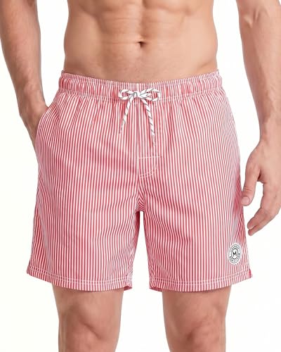 maamgic Shorts de Baño para Hombre Shorts de Playa Traje de Bañode Secado Rápido para Vacaciones Diseño a Rayas, Rayas Rojas M