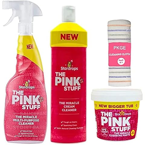 PKGE 850g Pink Stuff Cleaning Paste Non-Toxic with 750ml The Pink Stuff Spray & 500ml Pink Stuff Cream Cleaner Miracle Multipurpose Household Cleaner Bathroom Cleaner Spray (Includes 1 Cleaning Cloth Cover