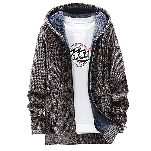 Veste Militaire Homme Confortable Casual Blouson Homme Hiver Chaud avec Capuche Cardigan Homme Zippe Laine Tricot Coupe Vent Cardigan Long Doudoune Chaude Café XL