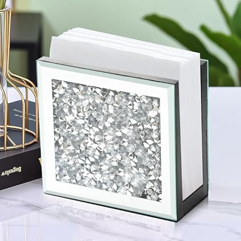 Azonsdop Mirrored Napkin Holder,Crystal Crushed Diamond Vertical Holder, Cute Glass Mirror Napkin Holder for Counter or Table. Cover
