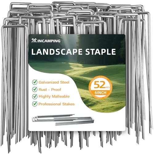 XINCAMPING 52 Pack 11 Gauge Landscape Staples - 6 Inch Heavy Duty Galvanized Garden Stakes, Adjustable Rust-Proof U-Shaped Plant Cover Spikes & Sod Pins for Weed Barrier, Fabric, Yard