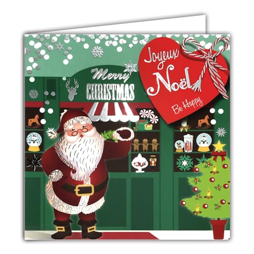 Happy Santa Claus Square Card Shiny Silver with White Envelope 15 x 15 cm