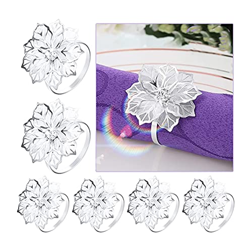 Anillo de servilleta de flores con hebilla, ahueca hacia fuera floral de diamantes de imitación de metal para banquete de boda, decoración de mesa de Navidad (plata-6 piezas) Cover