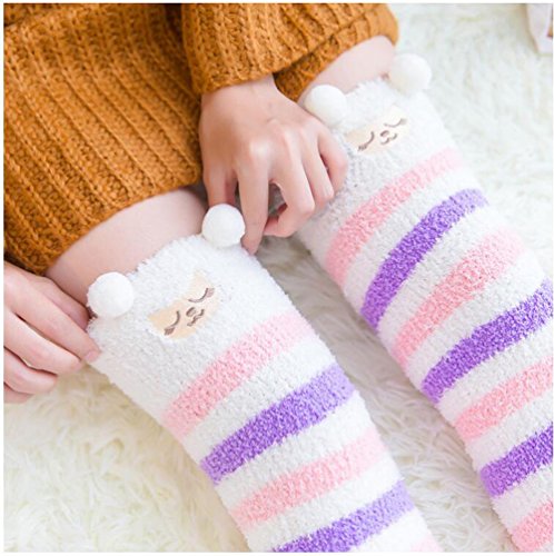Image of Hotmiss Womens Thigh High Fuzzy Socks Cute Over the Knee Stockings Winter Warm Stripe Leg Warmers