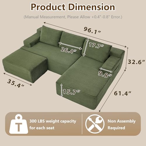 Image of 96 inch U-Shape Cloud Couch, Modern Modular Sectional L-Shape Sofa with Ottoman, Corduroy Upholstered Couches Deep Seat Sleeper Chaise Longue for Living Room, No Assembly Required(Green, Right Facing)