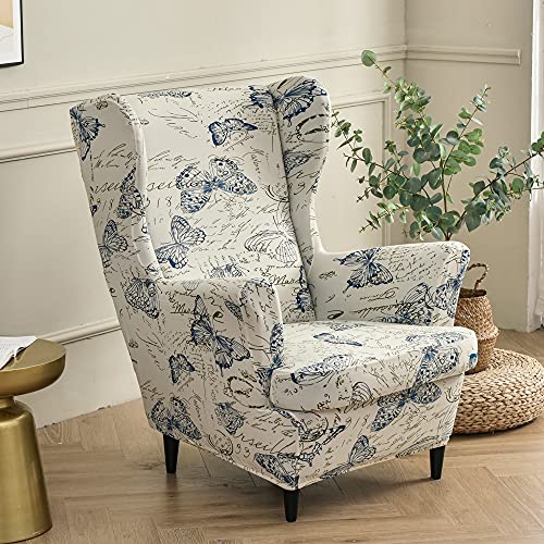 Highdi Funda de Sillón Orejero Elástica 2-Piezas, Moderno Estampado Funda de Sofá Relax con Funda de Cojín, Fundas Protector de Butaca para Dormitorio, Recepción, Club (Mariposa Beige)