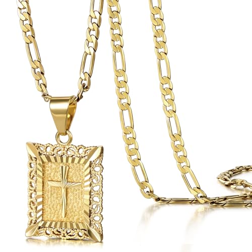KissYan Cross Pendant Necklace for Women Men, 14K Gold Plated Square Faith Christian Figaro Chain Delicate Religious Jewelry Gifts