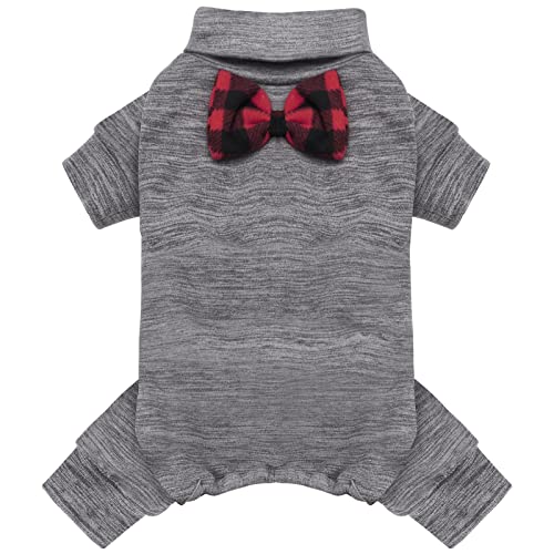 KYEESE Dog Coats Turtleneck Stretchy Dog Pajamas Super Soft Warm Material Dogs Sweater with Bowtie Pet Onesie for Small Dogs Cold Weather Coat, Grey,L