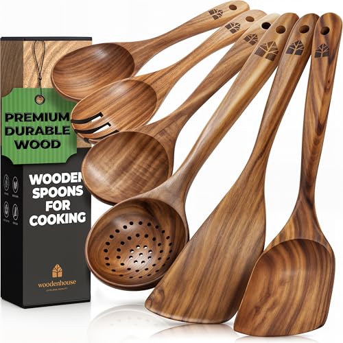 Wooden Spoons for Cooking Wooden Kitchen Utensils Set, 6 Pcs Teak Wood Utensil Set Comfortable Grip Non Stick Wooden Cooking Utensils