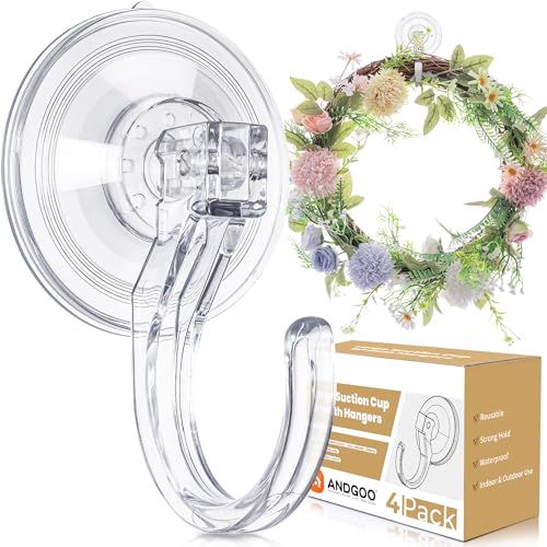 ANDGOO 4 Pack Large Suction Cup Hooks for Door Wreaths Wreath Hangers for Front Door Glass Window Shower Upgraded 1.9 Diameter Wreath Holder No Tools No Damage Holds Up to 22 lbs