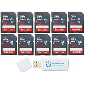 SanDisk 32GB Ultra SD Memory Card (10 Pack) SDHC UHS-I Card 100 MB/s Class 10 (SDSDUNR-032G-GN3IN) Bundle with (1) Everything But Stromboli SD/Micro Card Reader