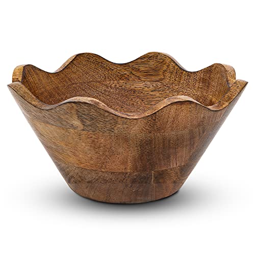 Mela Artisans Wooden Scalloped Bowl - Small | Ruffle Decorative Style | Rustic Kitchen Decor | Mango Wood | Natural Grain Finish | Fits Bread, Fruits, Salad Or Popcorn | 8” X 4” X 7” #TOP24