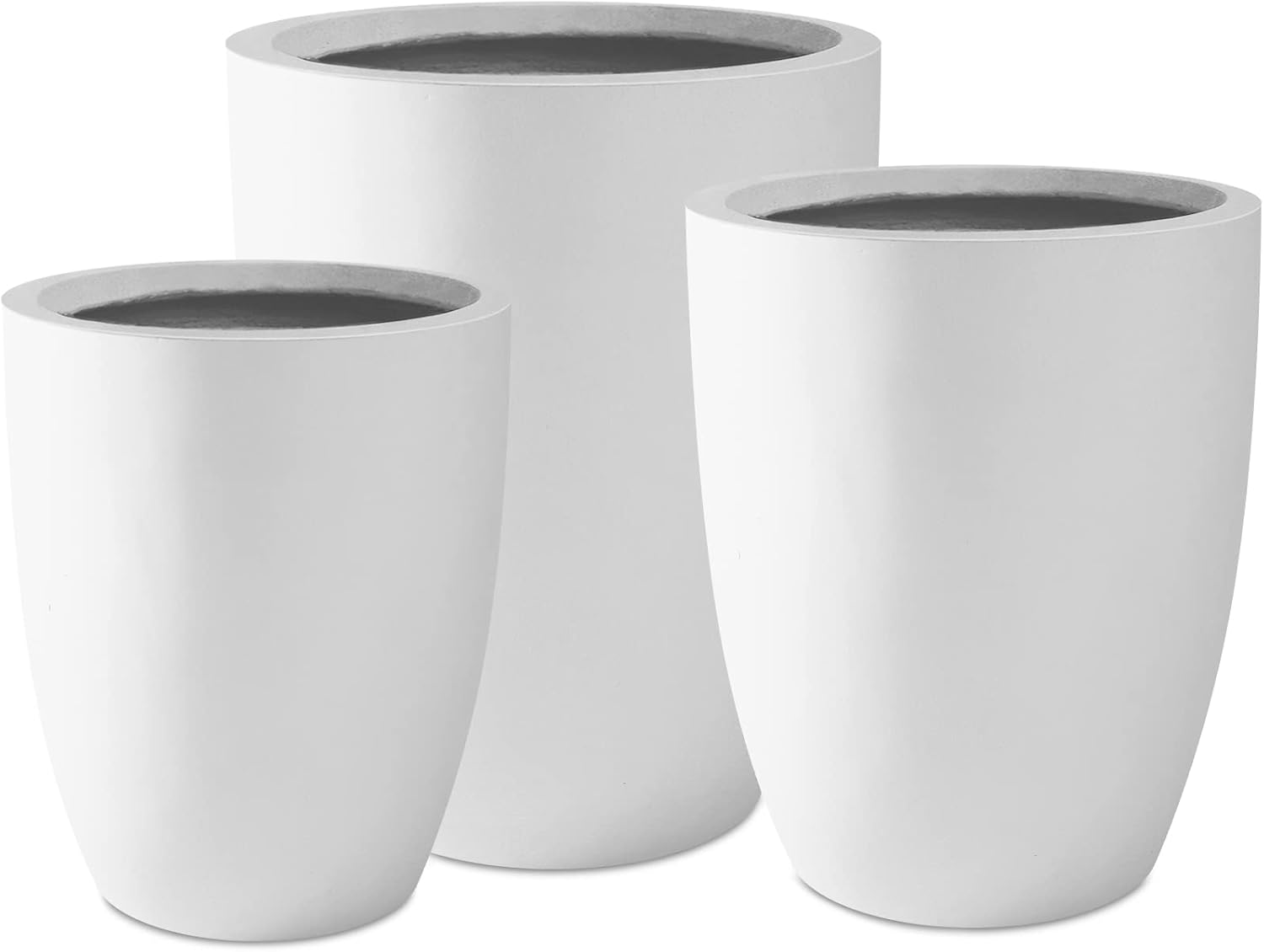 PLANTARA Round Concrete/Fiberglass Indoor & Outdoor Lightweight Decorative Plant Pots with Drainage Hole, Set of 3, 22.4", 20" & 18" H, Pure White Pure White 22.4", 20" & 18"H