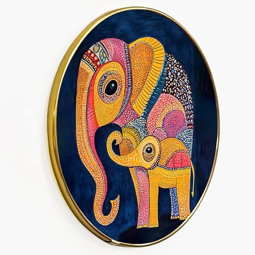 Image of Modern Abstract Elephant Gond Round Framed Wall Art Painting For Living Room | Indian Folk Vastu Elephant Wall Art Painting With Frame for Home, Bedroom & Office, 16 Inch