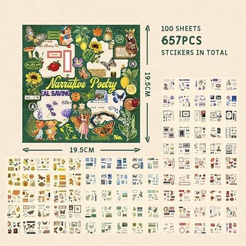 Image of FAMOUS QUALITY Self Adhesive 640Pcs /100 Sheets, Vintage Nature Stickers, Retro Decorative Sticker's for Scrapbook, Sticker's for Project, Japanese Style Sticker Set, Journals, Scrapbooking