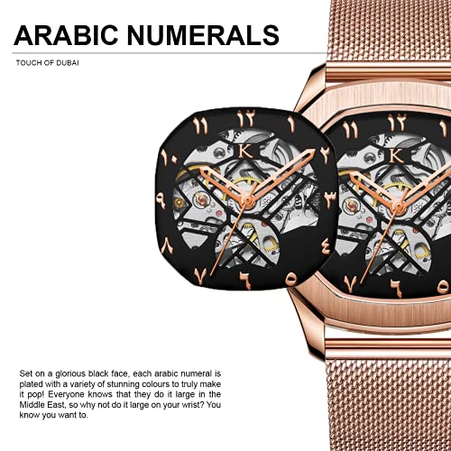 Kredo Men OTUS Malik Rose Gold Mechanical Automatic Skeleton Analogue Self-Winding Water Resistant Stainless Steel Wrist Watch-KW076 | Octagonal Dial Mesh Strap | Designed in... - Image 4