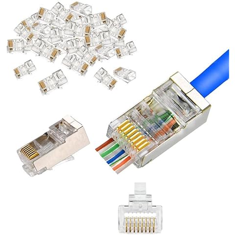 Caltecx RJ45 Connector, 50 PCS Cat5e Cat5 Connectors RJ45 Crimp Modular Plugs Ethernet Cable End Plug LAN Netowork Connector 8P8C STP Gold Plated Cover