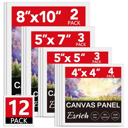 ESRICH Canvas Boards for Painting 12 Pack Art Supplies Paint Canvas 4x4 5x5 5x7 8x10 Blank Large Canvases for Painting-Cotton Primed Canvas Panels for Acrylic Oil Gouache & Tempera.