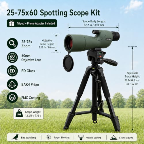 Image of NWDEY 25-75X60 Spotting Scope with Upgraded 60in Tripod, BAK4 Prism & FMC 60mm Lens, Spotting Scope for Target Shooting, Bird Watching, Hunting & Outdoor Observation, Phone Adapter, Carry Bag