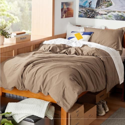 Image of Bedsure Prewashed Twin /Twin XL Duvet Cover, Cotton-Like Bedding Set, Brown | Ultra Soft, Relaxed Texture, Twin XL Breathable Comfort, Hidden Zipper, 8 Corner Ties, Easy Care, OEKO-TEX, Year-Round Use