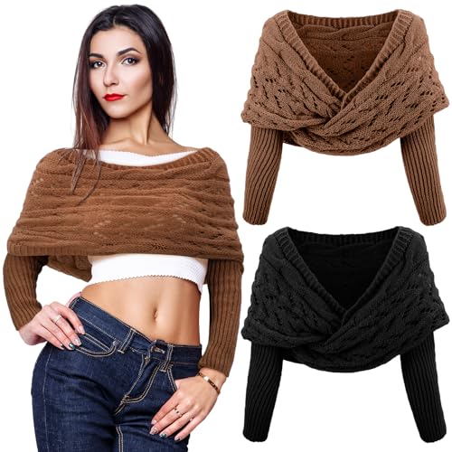 Geyoga 2 Pcs Scarf with Sleeves for Women Knitted Wrap Sweater Scarf with Sleeves Shrugs for Women Wrap Shawl