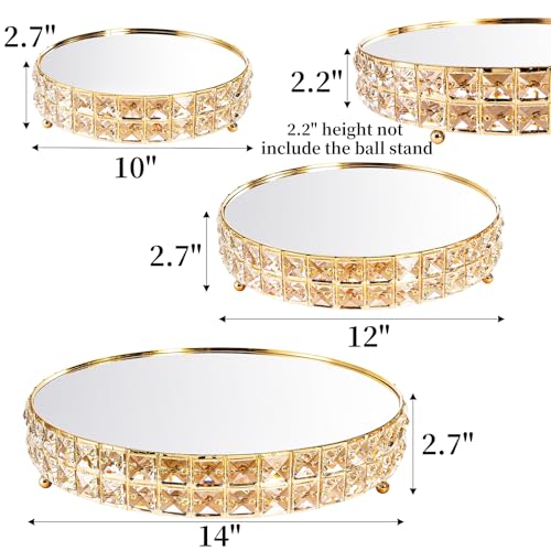 Image of Goaste 3 Pack Crystal Cake Display Stand with Mirror, 14 inch 12 inch 10 inch Metal Pedestal Gold Round Cake Plate Stand, Dessert Cookies Fruit Serving Tray with Shining Crystal Beads for Wedding, Birthday Party