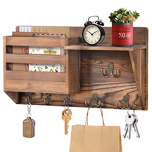 ANVAVA Wall Mounted Mail Holder, Key and Mail Holder withÂ 3 Double Key Hooks and 3 Single Key Hooks Wooden Wall Mail Sorter Organizer, Key Holder with Floating Shelf for Wall, Entryway, Hallway