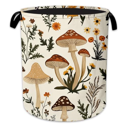 Image of Mushroom Flower Laundry Basket, Foldable Oxford Cloth Botanical Garden Laundry Hamper with Handles, Tote Bag Clothes Storage Bucket for Laundry Room /Bathroom /Bedroom /Dormitories 20.8 inchx16 inch