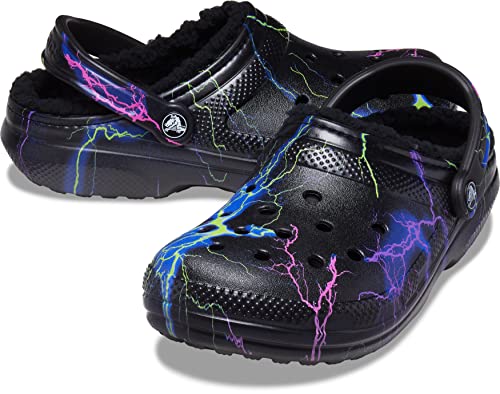 Image of Crocs Unisex Classic Graphic Lined Clogs | Fuzzy Slippers, Lightning Print, 5 Men /7 Women