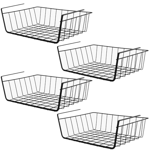 JIEHIN 4 unidades de cestas de almacenamiento para debajo de la estantería, cesta colgante de metal, cesta colgante de metal, color negro, para cocina, oficina, despensa, baño, armario