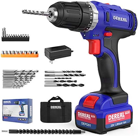 DEREAL Pro Cordless-Drill-Driver-Tools-Set 20V Max Lithium Ion Power Drill Driver Kit Electric Screwdriver with Accessories 3/8" Keyless Chuck 350in-lb Torque 23+1 Setting Variable Speed with LED