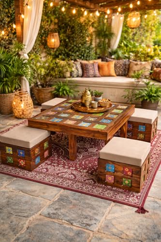 Image of Wooden Coffee Table with 4 Stools, Ceramic Tiles On Table Top with Ceramic Tiles Design Stool, Table 86x86x46 cm, Stool 40x40x35 cm (Natural)