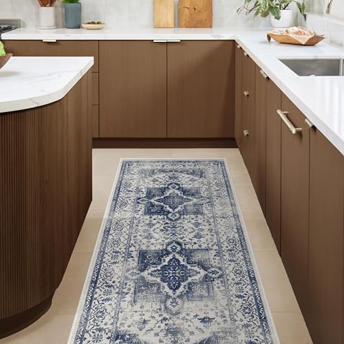 RUGGABLE Kira Runner Rug - Perfect Vintage Washable Rug for Entryway Hallway Kitchen - Pet & Child Friendly - Stain & Water Resistant - Delft Blue 2.5'x7' (Standard Pad)