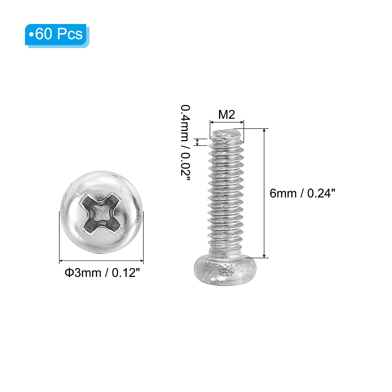 Amazon | PATIKIL 小ネジ 丸頭 十字穴付き 60個 M2-0.4 x 6mm