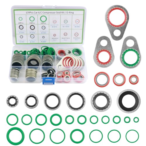 139PCS AC O Ring Kit Contains 30 Sizes Durable A/C O Ring Assortment Kit with 54PCS Rubber Gasket & 85PCS Spacers for Seal Improvement Professional AC Compressor Gasket Kits